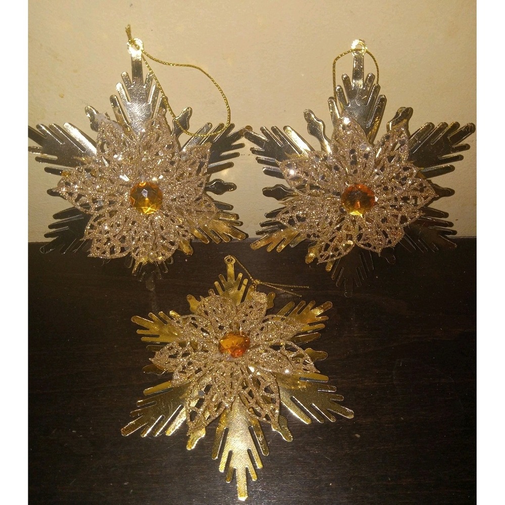 3 VTG Gold Shimmering Ornaments Snowflake Poinsettia Large 5" Christmas